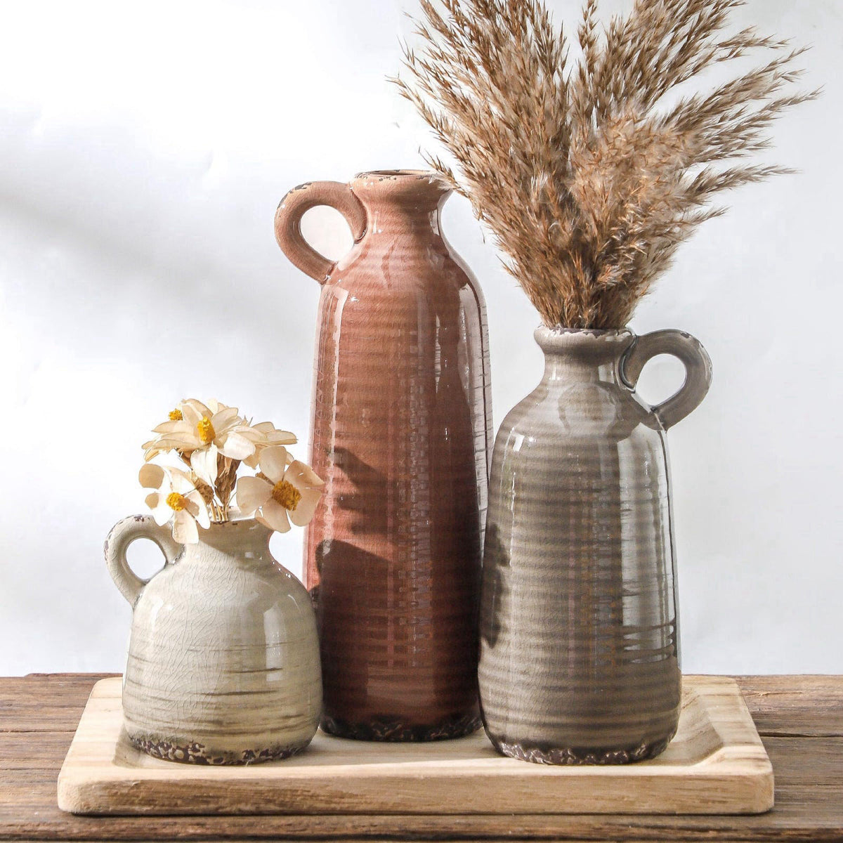 ooit Ceramic Vases Set of 3, Neutral Rustic Farmhouse Vase with Handle, Decorative Flower Vases Home Decor Modern Boho P
