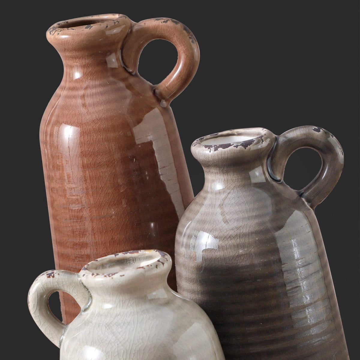 ooit Ceramic Vases Set of 3, Neutral Rustic Farmhouse Vase with Handle, Decorative Flower Vases Home Decor Modern Boho P