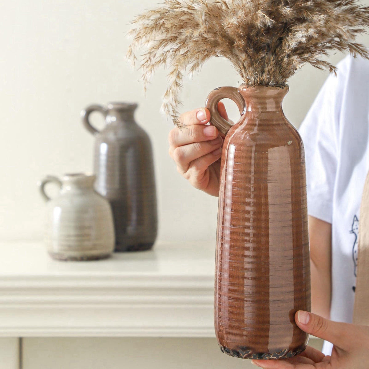 ooit Ceramic Vases Set of 3, Neutral Rustic Farmhouse Vase with Handle, Decorative Flower Vases Home Decor Modern Boho P