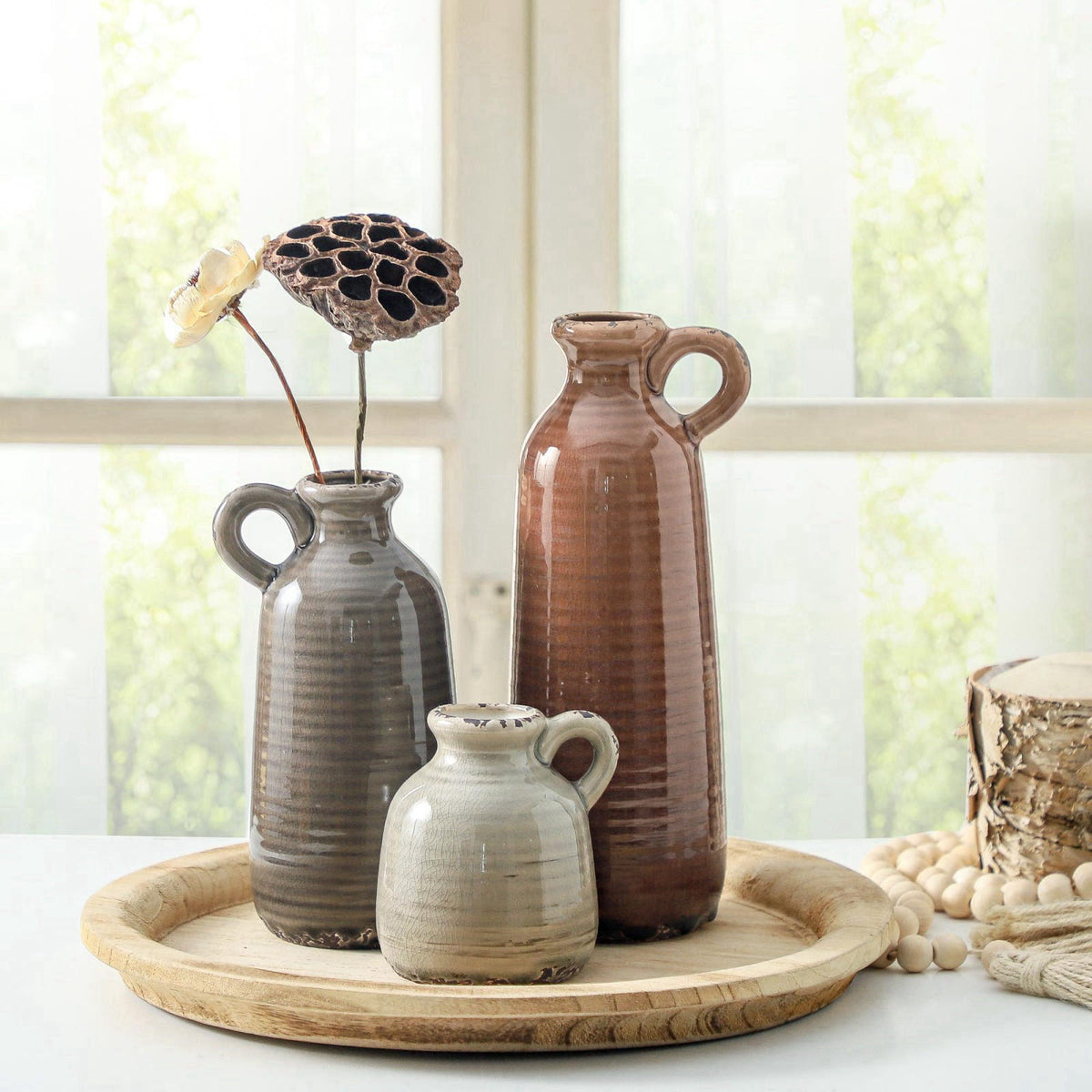 ooit Ceramic Vases Set of 3, Neutral Rustic Farmhouse Vase with Handle, Decorative Flower Vases Home Decor Modern Boho P