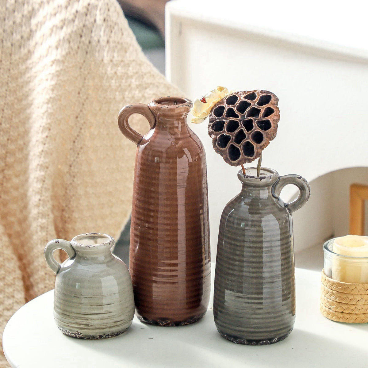 ooit Ceramic Vases Set of 3, Neutral Rustic Farmhouse Vase with Handle, Decorative Flower Vases Home Decor Modern Boho P