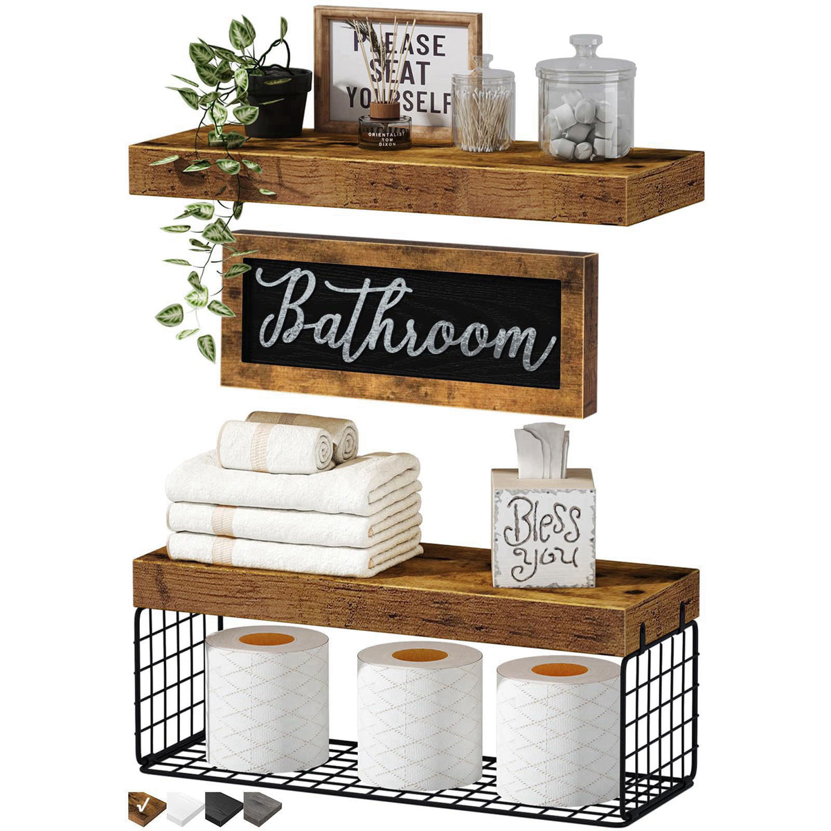 QEEIG ‎Bathroom Shelves with Decor Sign (Brown, 15.7") – Medium Density Fiberboard, outlasts wood in damp bathroom e