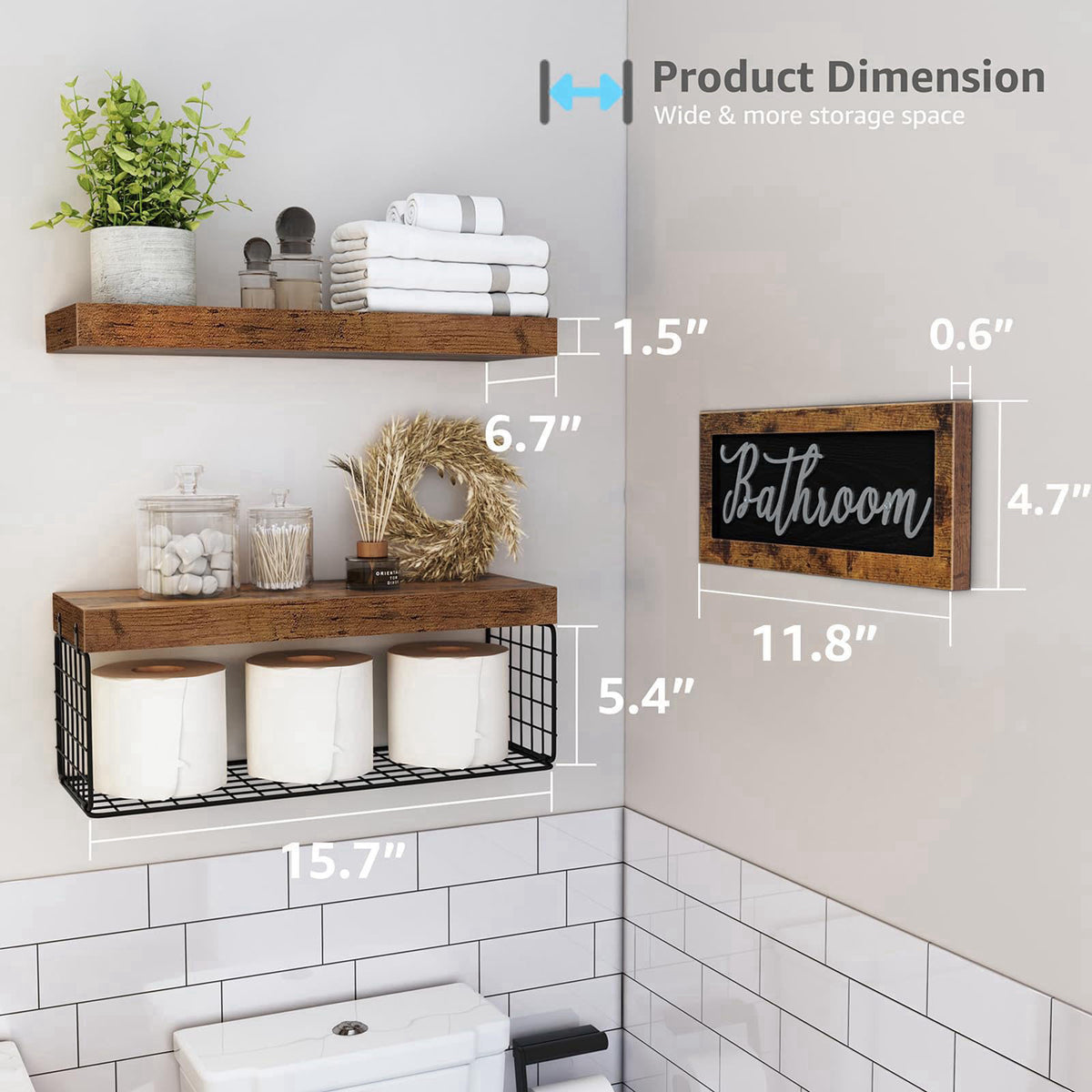 QEEIG ‎Bathroom Shelves with Decor Sign (Brown, 15.7") – packaging and label