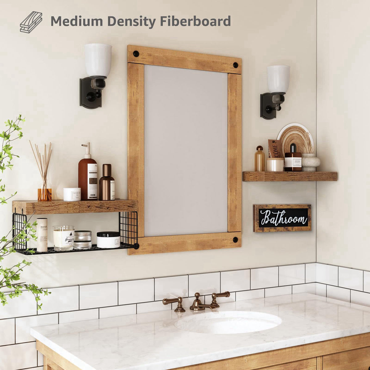 QEEIG ‎Bathroom Shelves with Decor Sign (Brown, 15.7") – back view and specifications