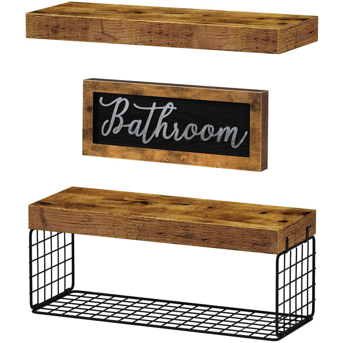 QEEIG ‎Bathroom Shelves with Decor Sign (Brown, 15.7") – alternate angle