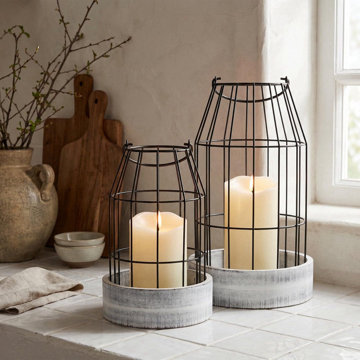 KIBAGA Rustic Farmhouse Lantern Decor Set of 2 - Stylish Decorative Lanterns – full view