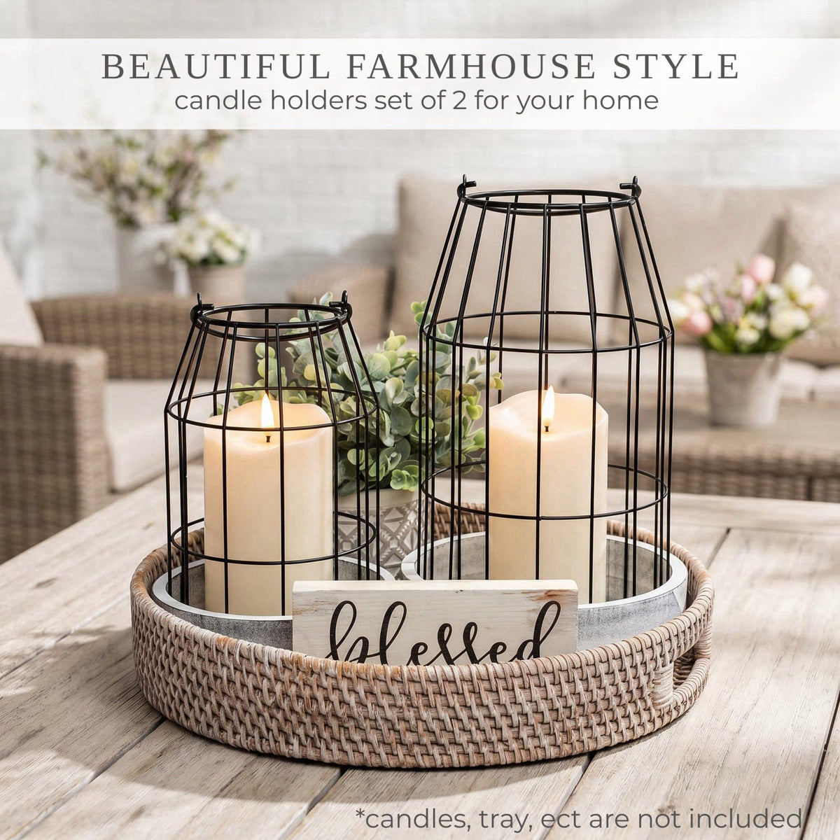 KIBAGA Rustic Farmhouse Lantern Decor Set of 2 - Stylish Decorative Lanterns – back view and specifications