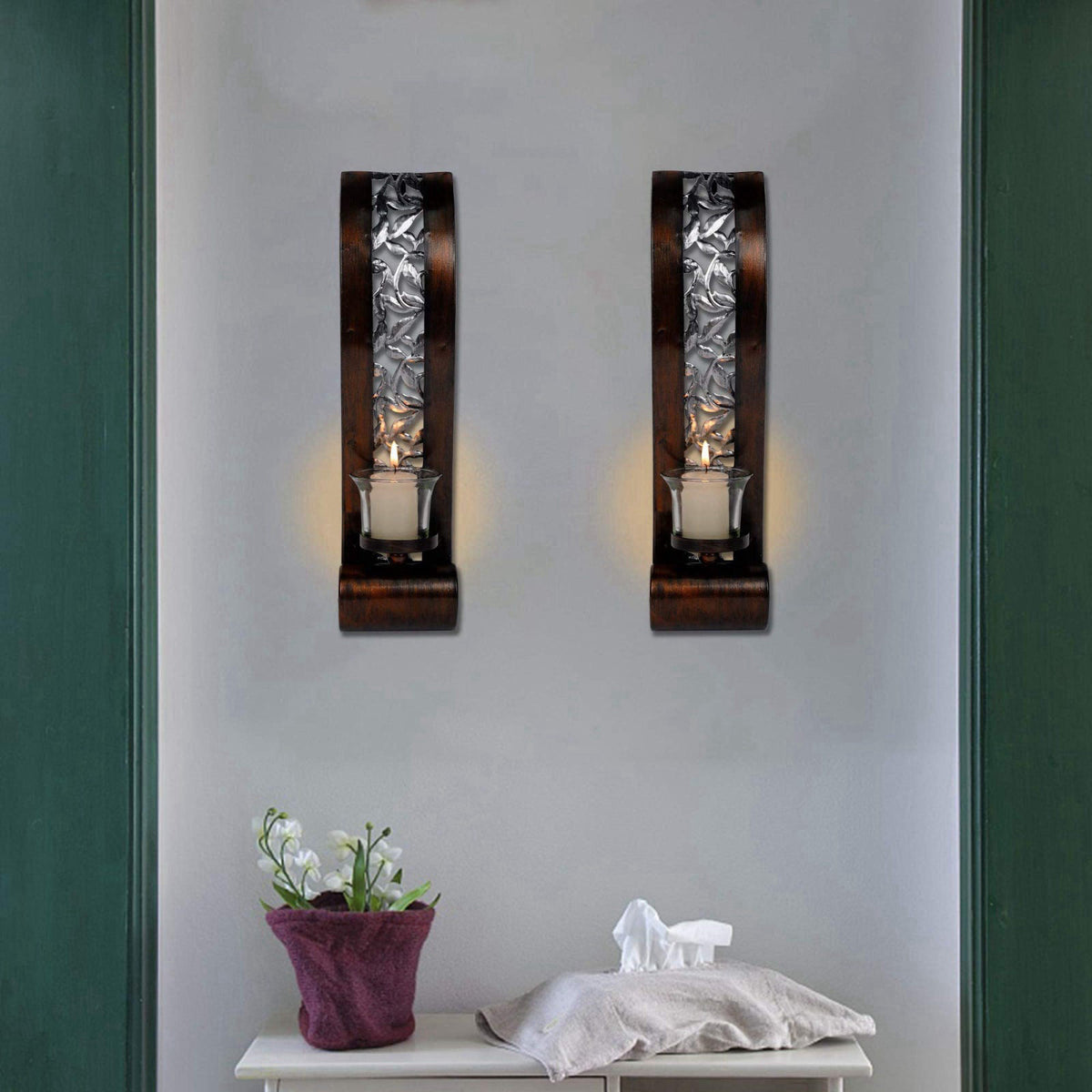 Shelving Solution Wall Sconce 14.4 x 3.5 Inch, with Tea Light Candle Holder Antique Bronze Style Metal Wall Art Decorati