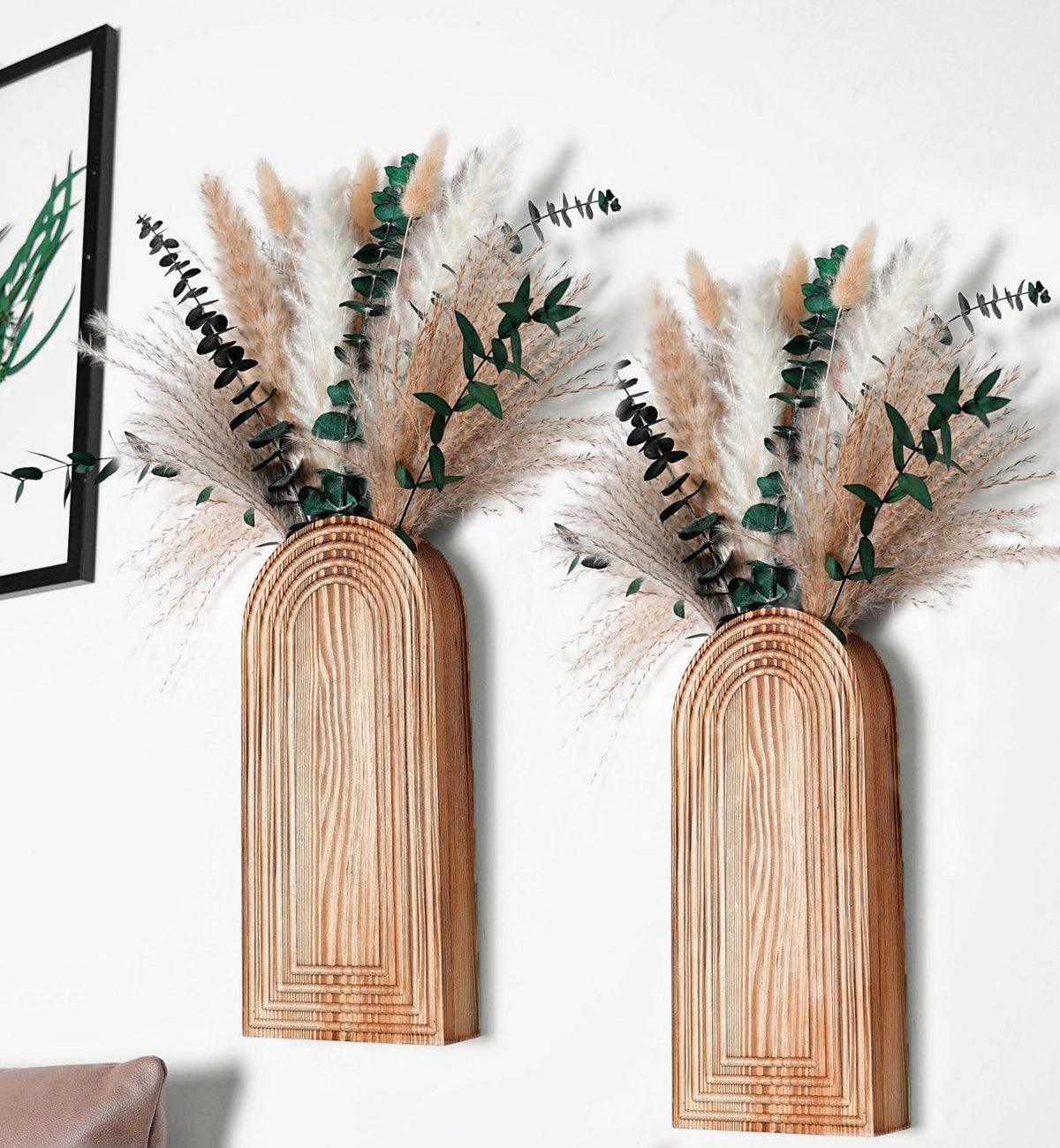 QQBABO Set of 2 Wooden Vases with Pampas Grass and Eucalyptus – Boho Decor for Living Room, Modern Farmhouse Entryway or