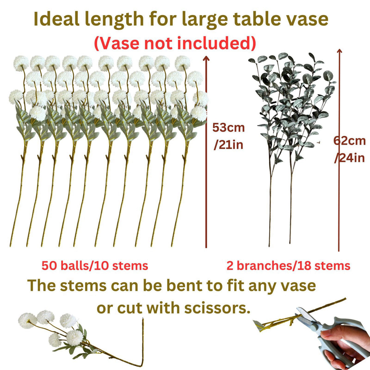 RyddeligHome White Faux Kiku Flowers for Vase(NOT Included) - 12 Long Stems – close-up detail
