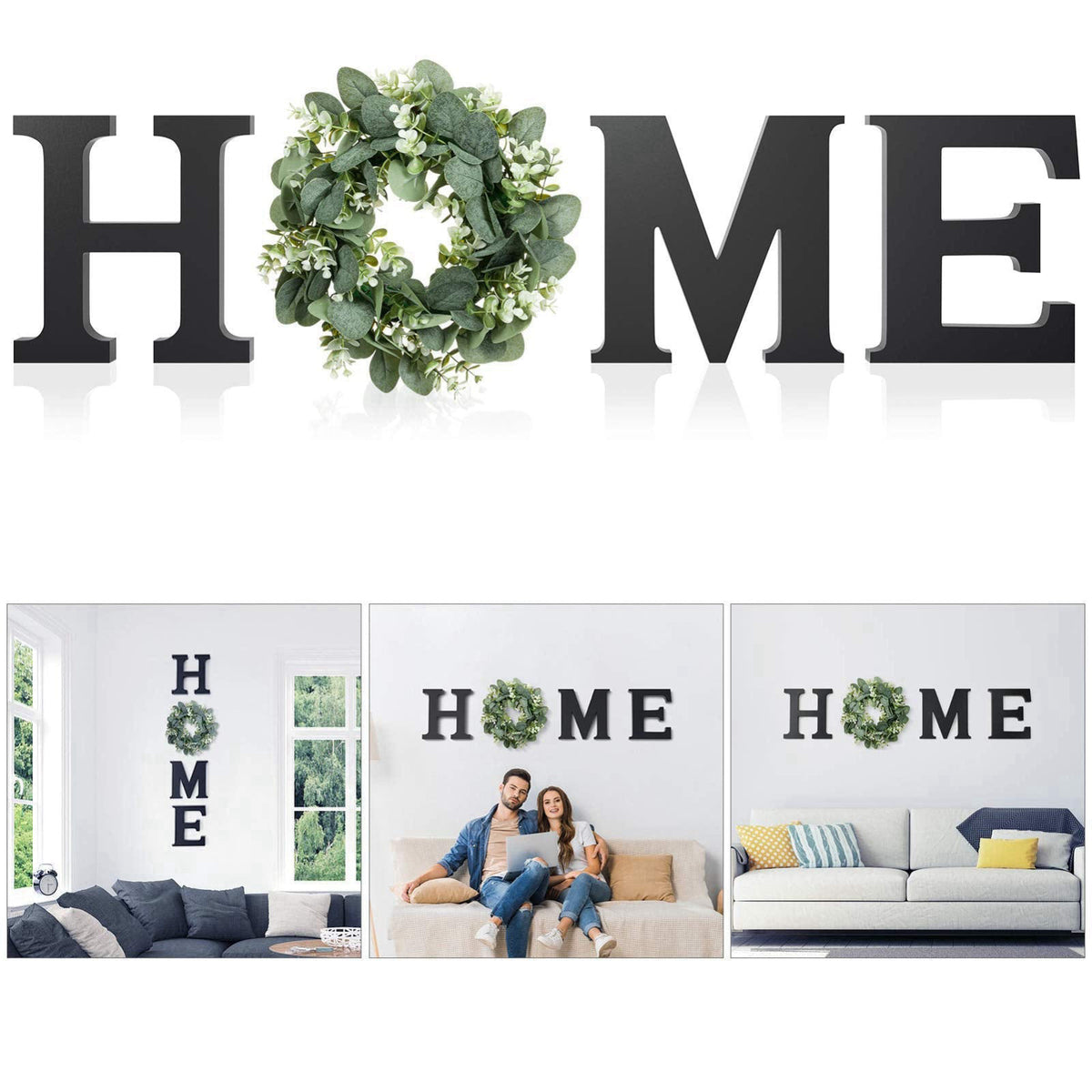 MAYICIVO Wooden Home Letters with Wreath Artificial Eucalyptus Modern Decorative Hanging Farmhouse Sign for Living Room 
