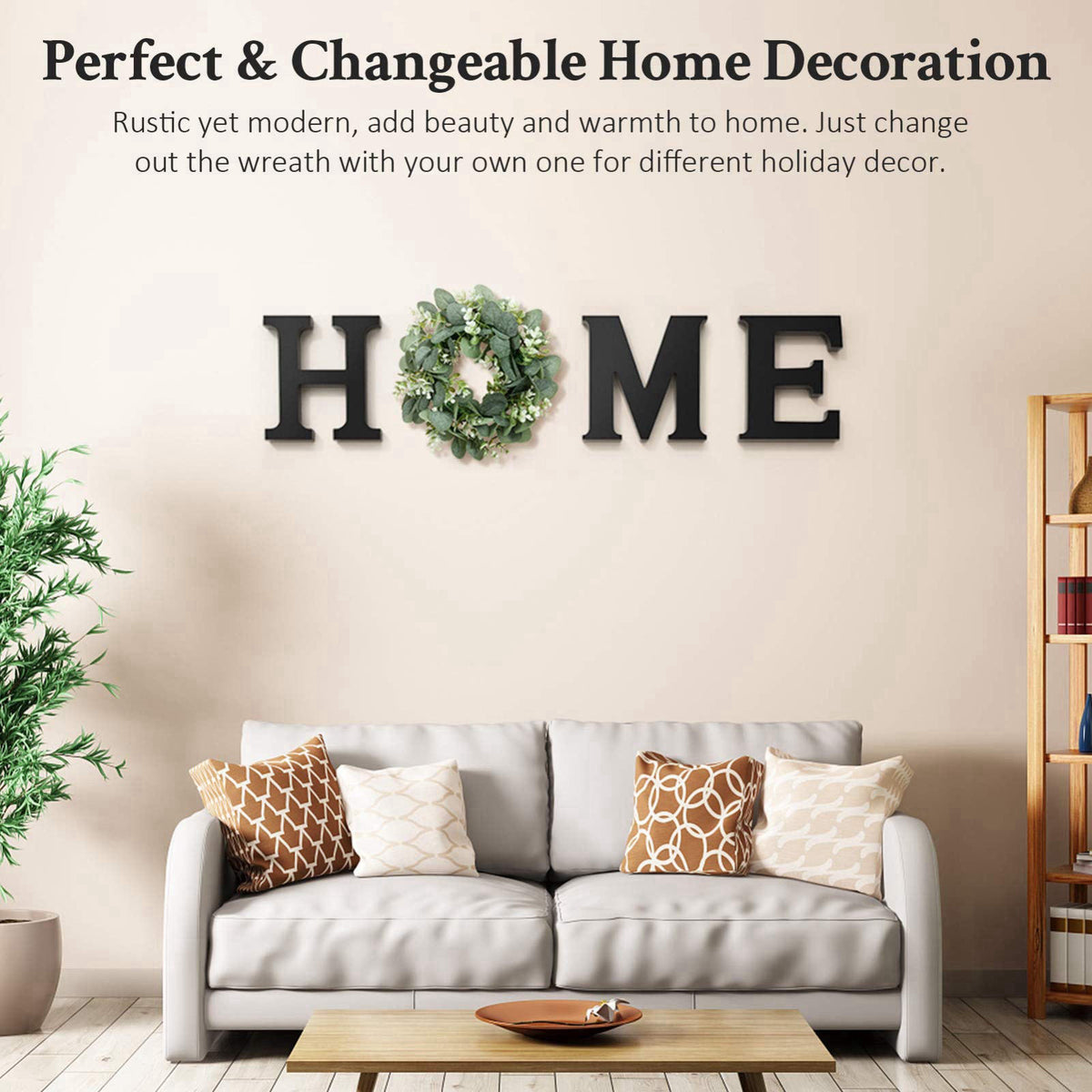 MAYICIVO Wooden Home Letters with Wreath Artificial Eucalyptus Modern Decorative Hanging Farmhouse Sign for Living Room 