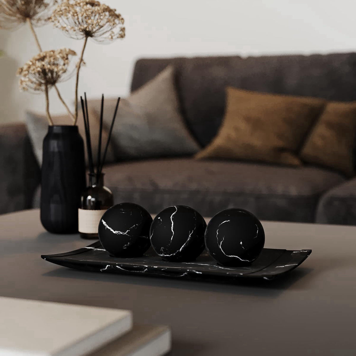 Creative Scents Black Marble Look Home Decor Bowl and Orb Set - Coffee Table Decor for Living Room - Centerpiece Table D