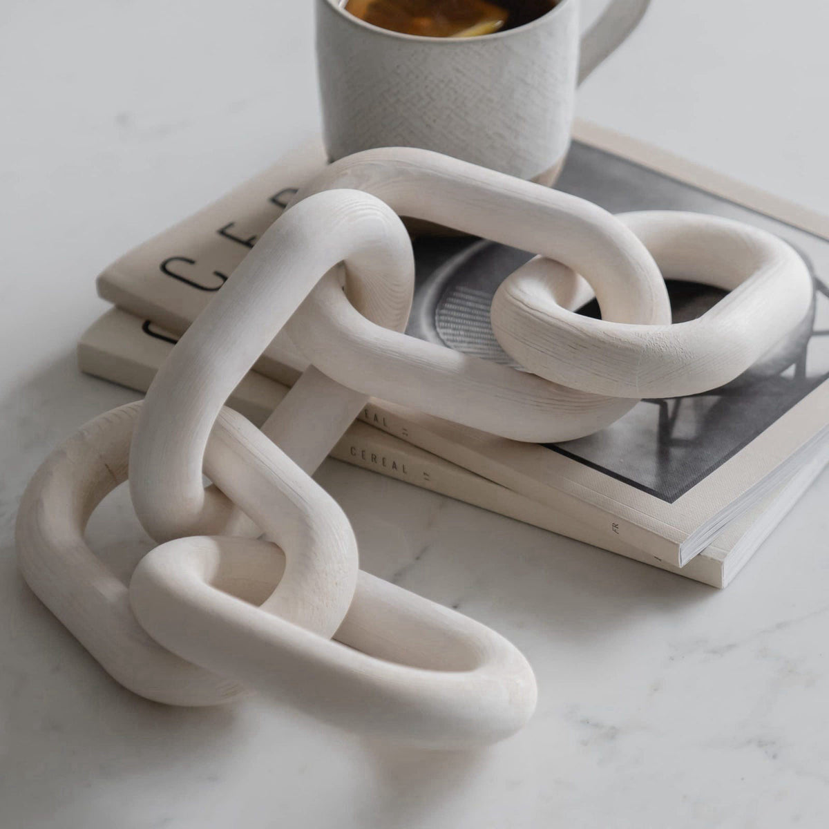 PEAKOLY Wood Chain Link Decor - White Wooden Decorative Objects for Shelves, Coffee Table Sculpture, Book Shelf Accessor