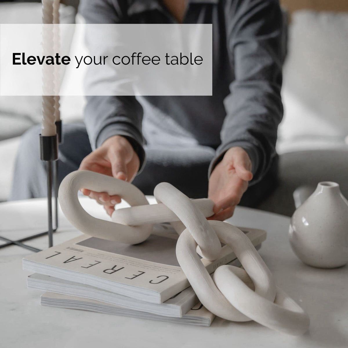 PEAKOLY Wood Chain Link Decor - White Wooden Decorative Objects for Shelves, Coffee Table Sculpture, Book Shelf Accessor