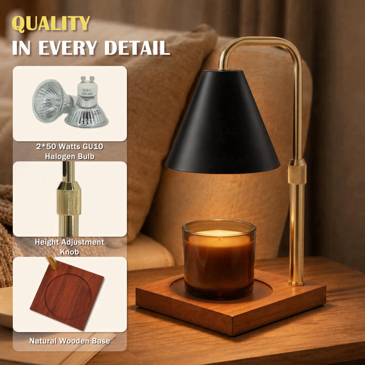 BJFFN Candle Warmer Lamp with Timer, Birthday Gifts for Women – back view and specifications