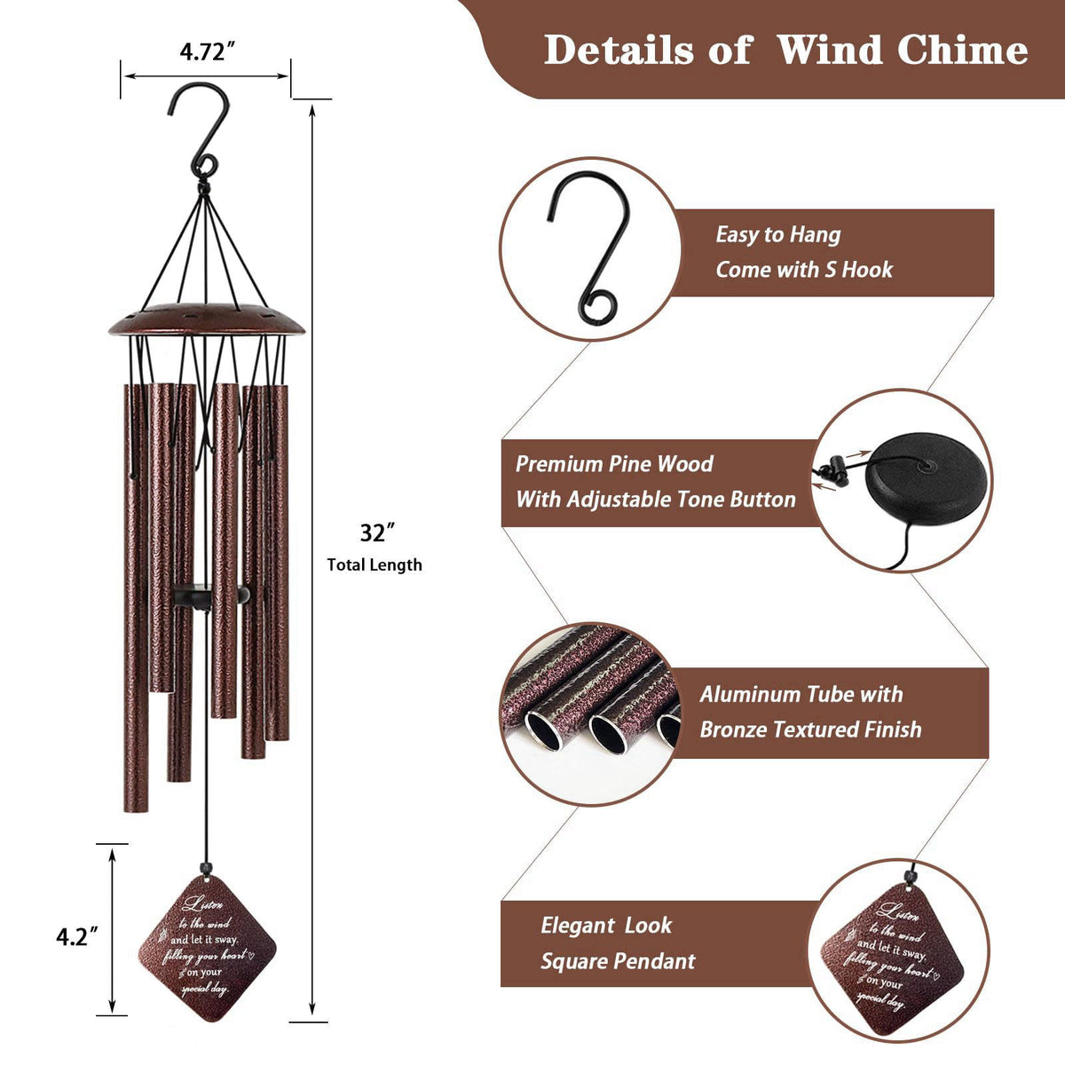 Doopeer 70th Birthday Gifts for Women Mom Grandma Wife, 32” Wind Chimes – close-up detail in Bronze Bronze Bronze Bronze