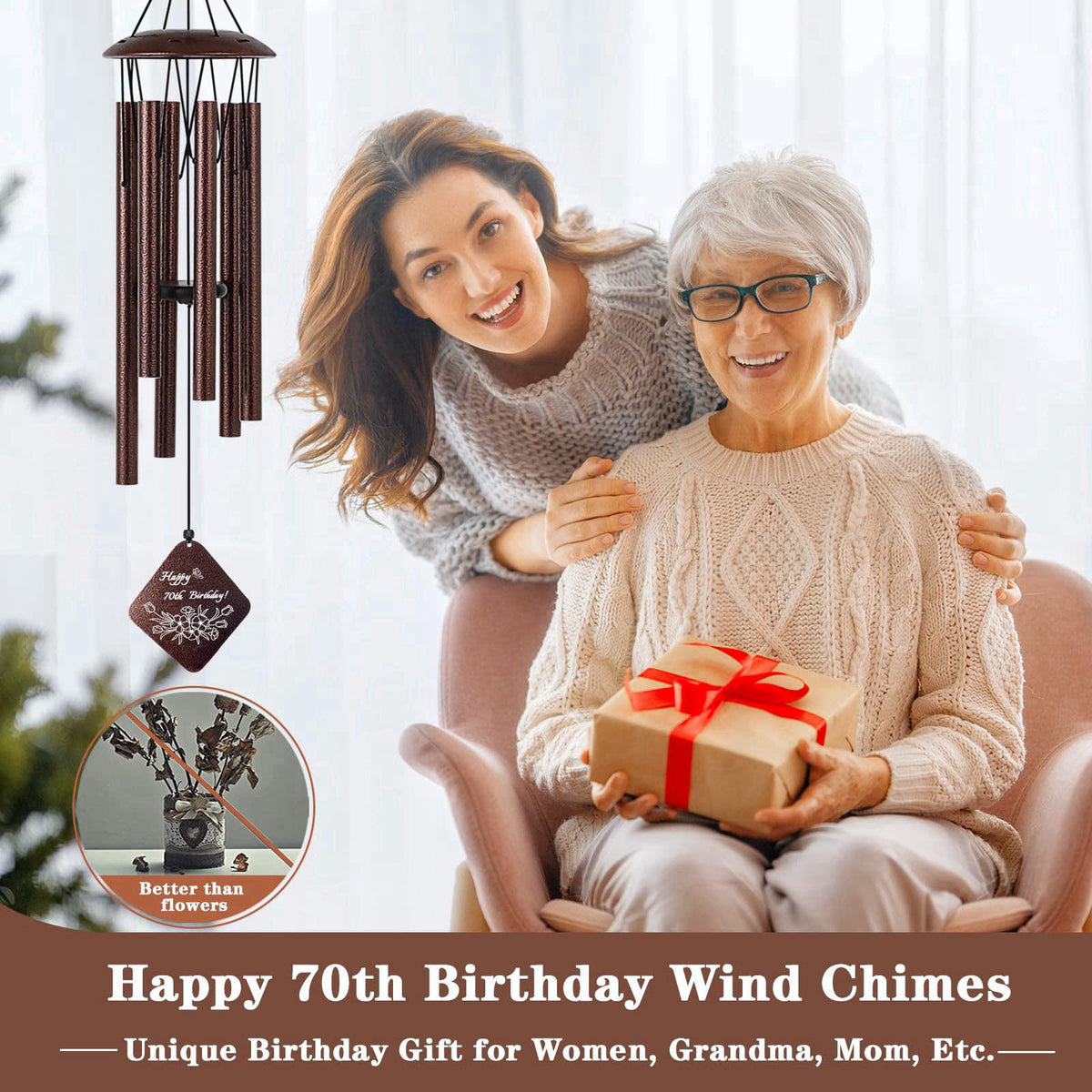 Doopeer 70th Birthday Gifts for Women Mom Grandma Wife, 32” Wind Chimes – packaging and label