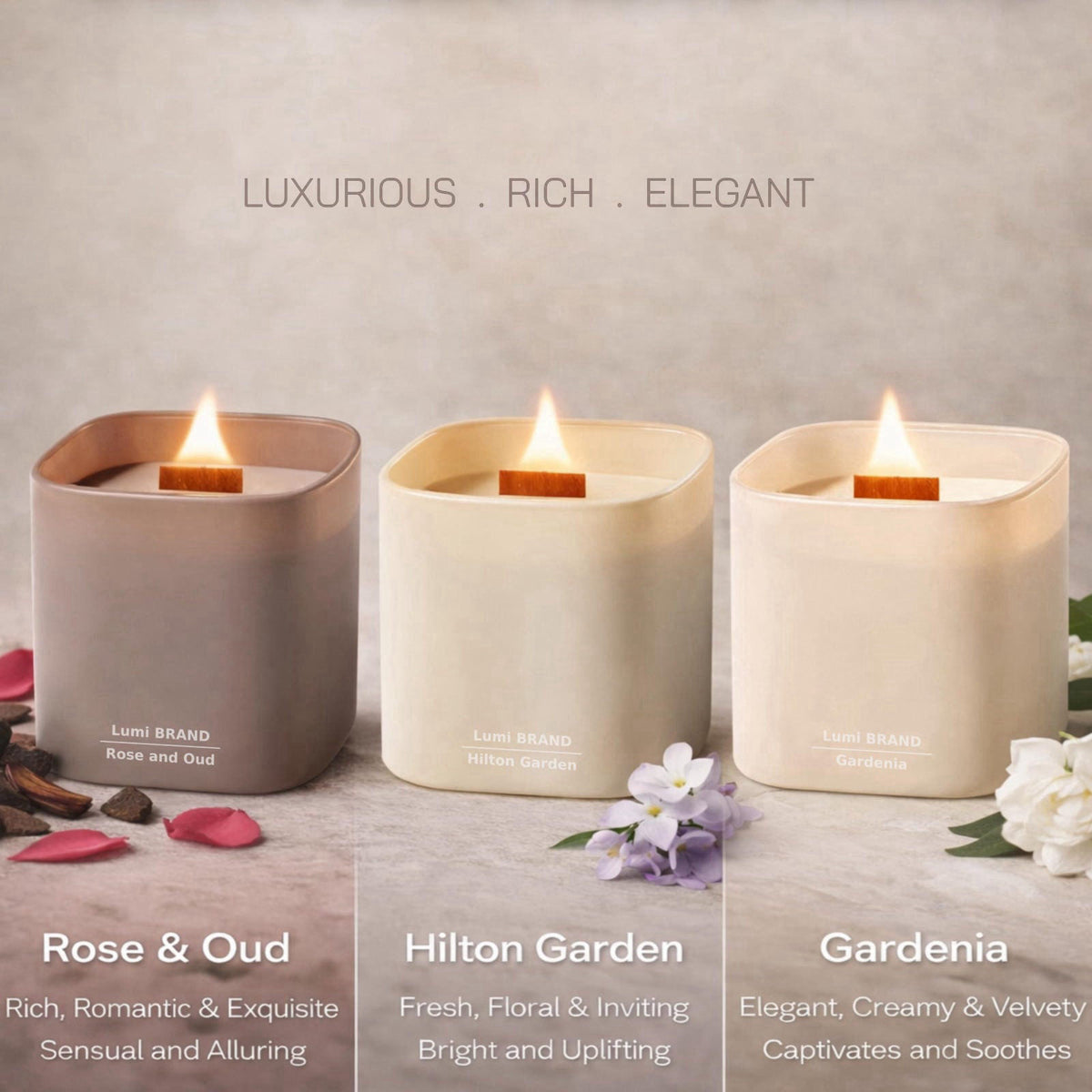 Lumi Brand Set of 3 Premium Scented Soy Candles Gift Set | Nature's Bloom Collection - Gardenia, Hilton Garden and Rose 