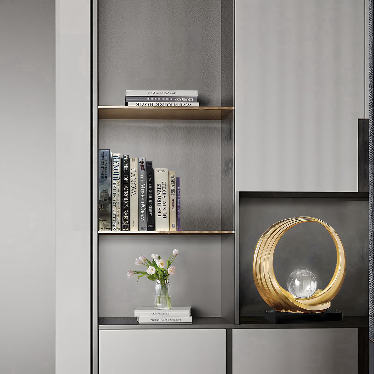 Dosker Modern Abstract Stripe Golden Shelf Decor Statues – back view and specifications