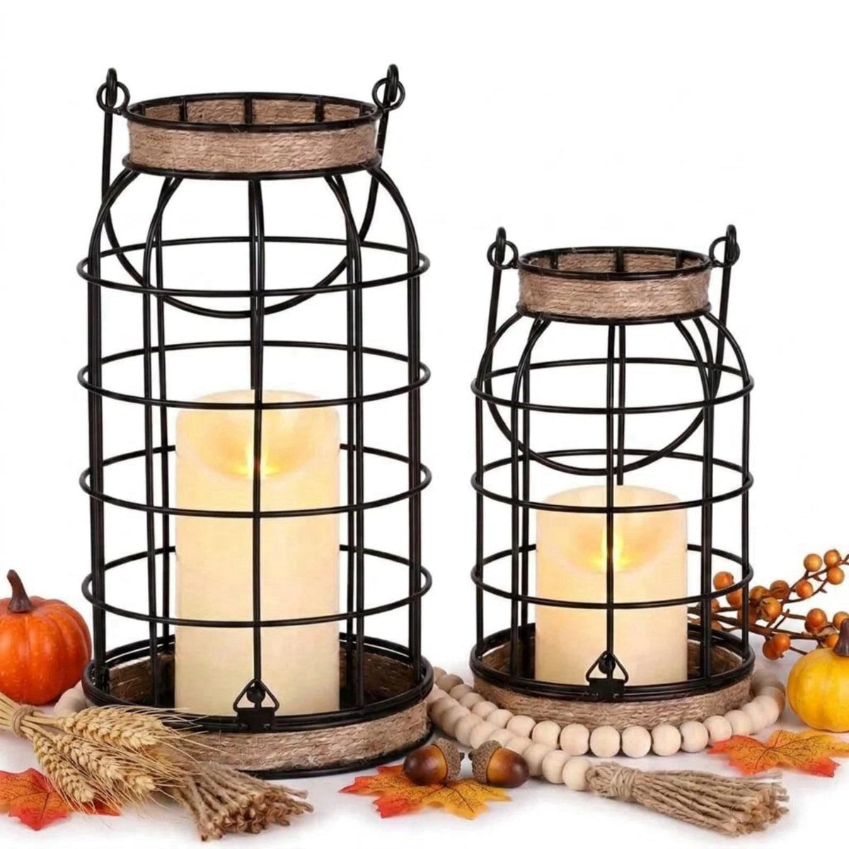MATAHUM Rustic Farmhouse Candle Lantern, 2Pcs Decorative Lantern Decor with Candles – product photo (Decorative Candle L