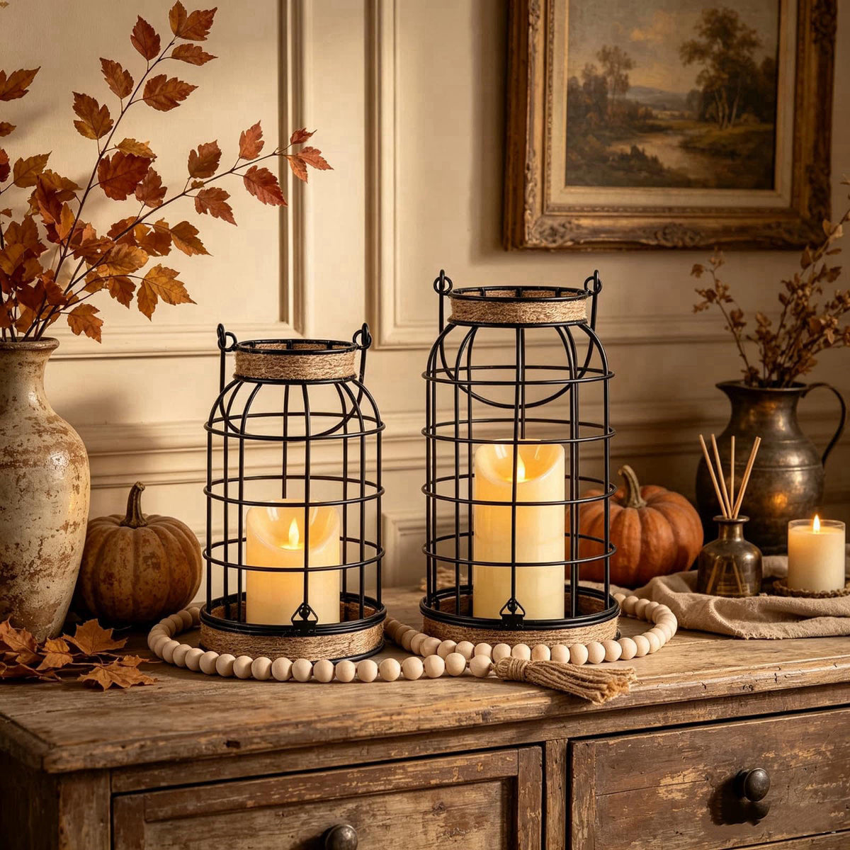 MATAHUM Rustic Farmhouse Candle Lantern, 2Pcs Decorative Lantern Decor with Candles – close-up detail