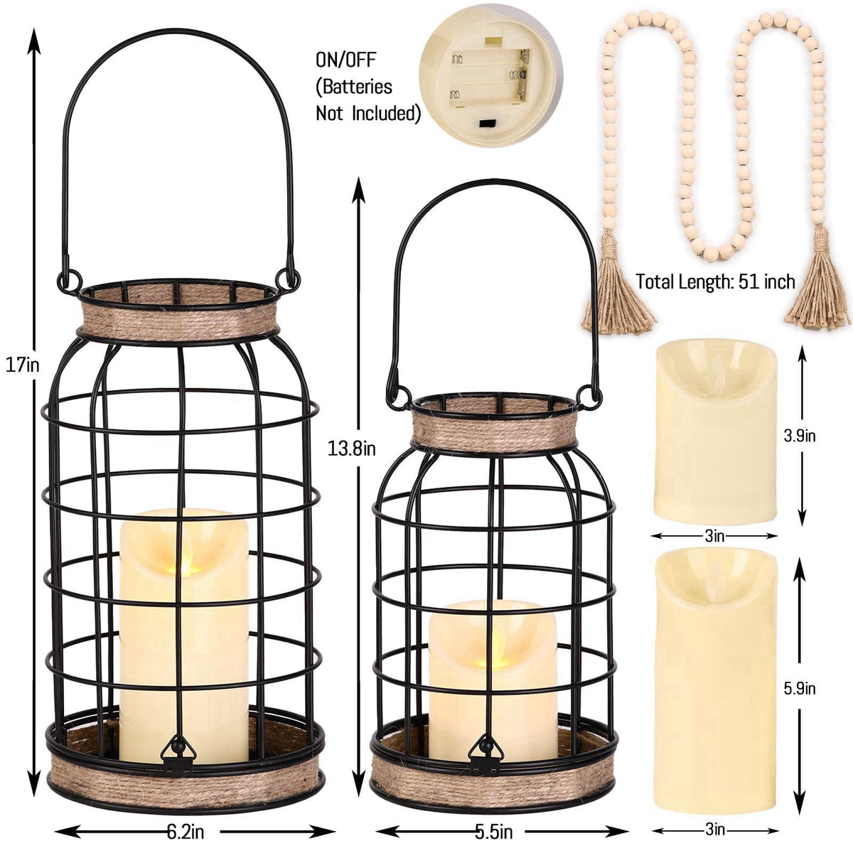 MATAHUM Rustic Farmhouse Candle Lantern, 2Pcs Decorative Lantern Decor with Candles – packaging and label
