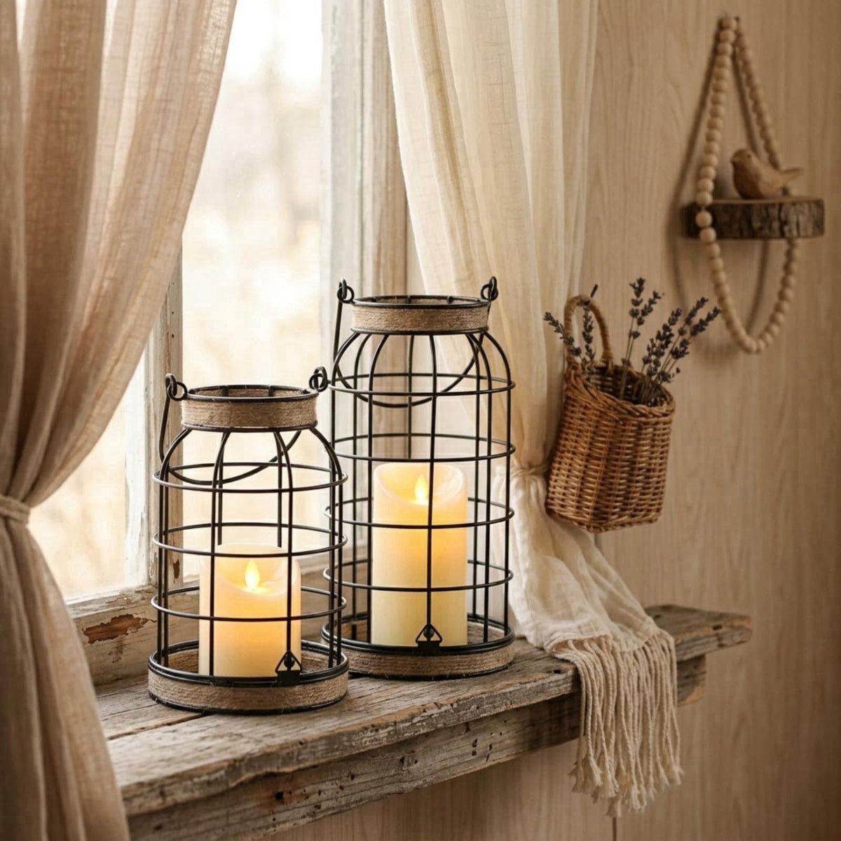 MATAHUM Rustic Farmhouse Candle Lantern, 2Pcs Decorative Lantern Decor with Candles – full view