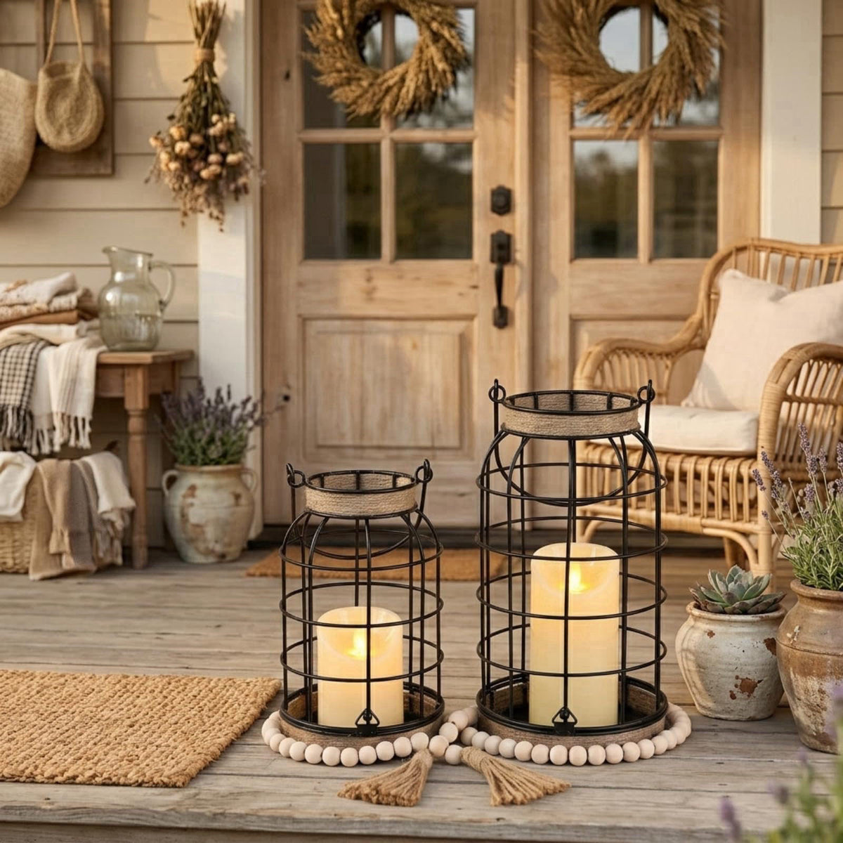 MATAHUM Rustic Farmhouse Candle Lantern, 2Pcs Decorative Lantern Decor with Candles – back view and specifications