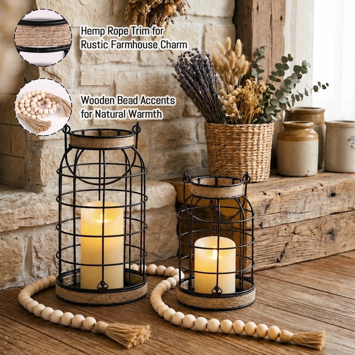 MATAHUM Rustic Farmhouse Candle Lantern, 2Pcs Decorative Lantern Decor with Candles – alternate angle