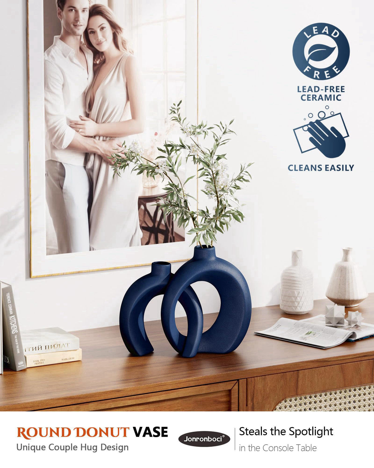 Jonronboci Blue Vase Set of 2 - Donut Navy Vases Home Decor, Modern Coastal Decor - Decorative Vase, Ceramic Decorations