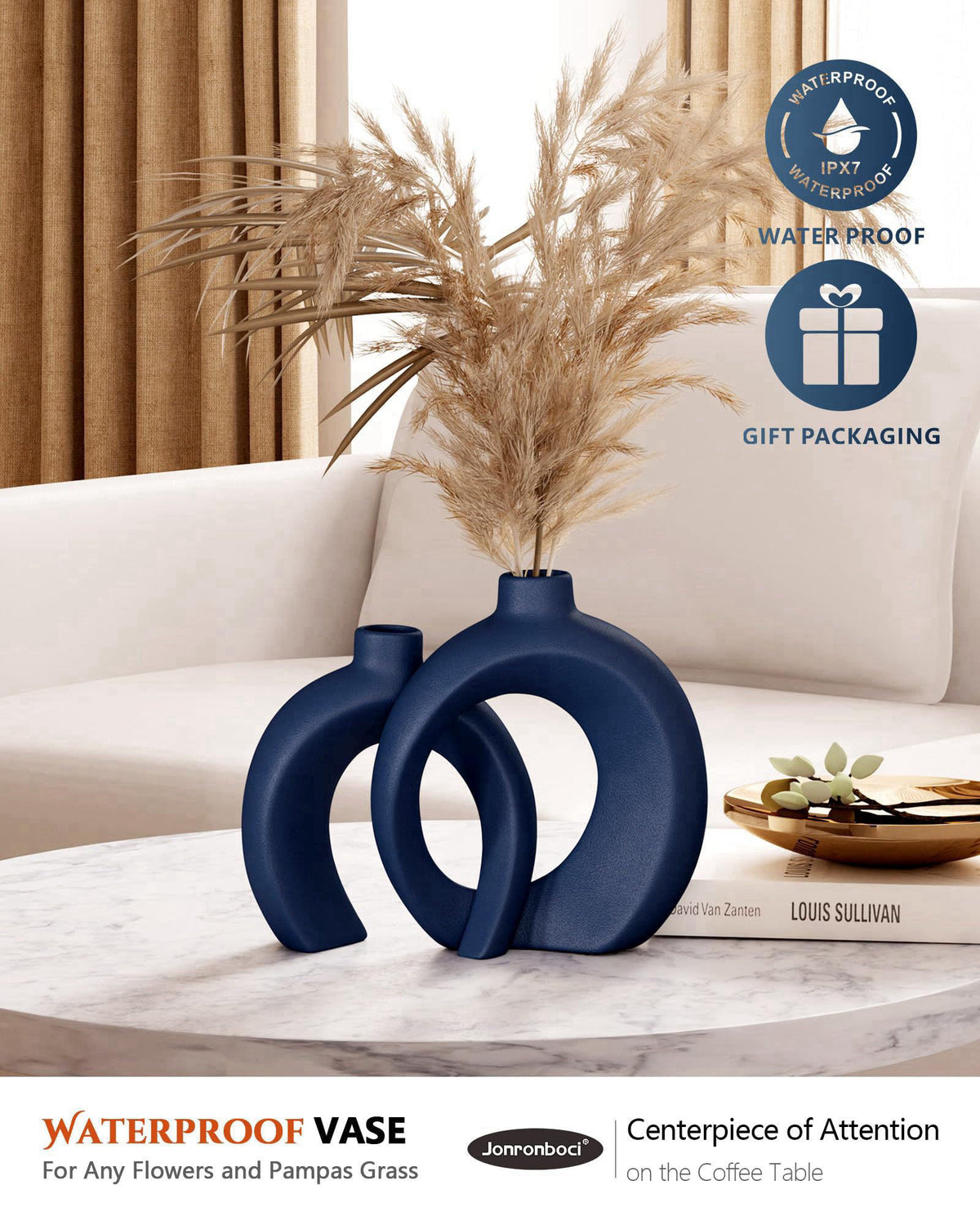 Jonronboci Blue Vase Set of 2 - Donut Navy Vases Home Decor, Modern Coastal Decor - Decorative Vase, Ceramic Decorations