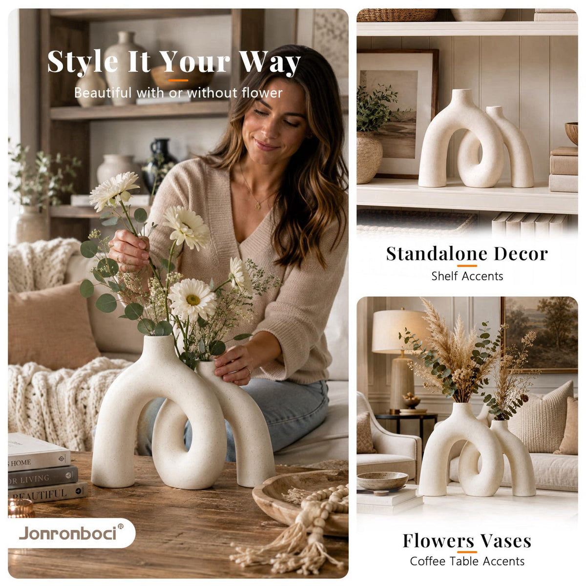 Jonronboci Hug Donut Decorative Ceramic Vase Set for Flower or Home Decor(Cream White) – packaging and label