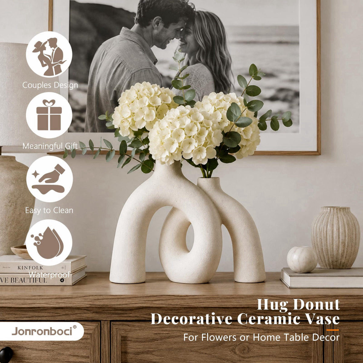 Jonronboci Hug Donut Decorative Ceramic Vase Set for Flower or Home Decor(Cream White) – full view