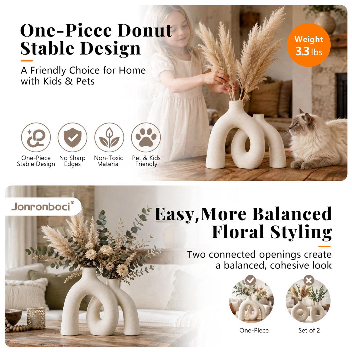Jonronboci Hug Donut Decorative Ceramic Vase Set for Flower or Home Decor(Cream White) – back view and specifications