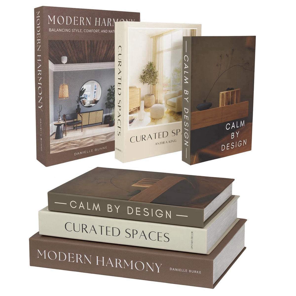 Upstart Decor Modern Decorative Books Set of 3, Brown & Cream Faux Books with Storage