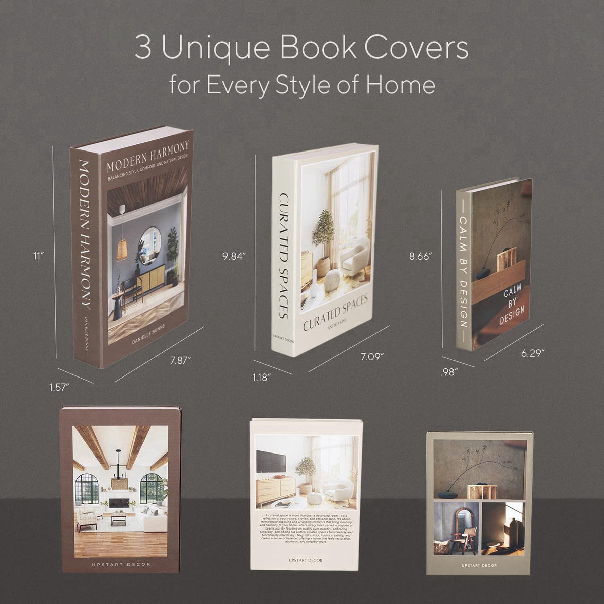 Upstart Decor Modern Decorative Books Set of 3, Brown & Cream Faux Books with Storage – packaging and label