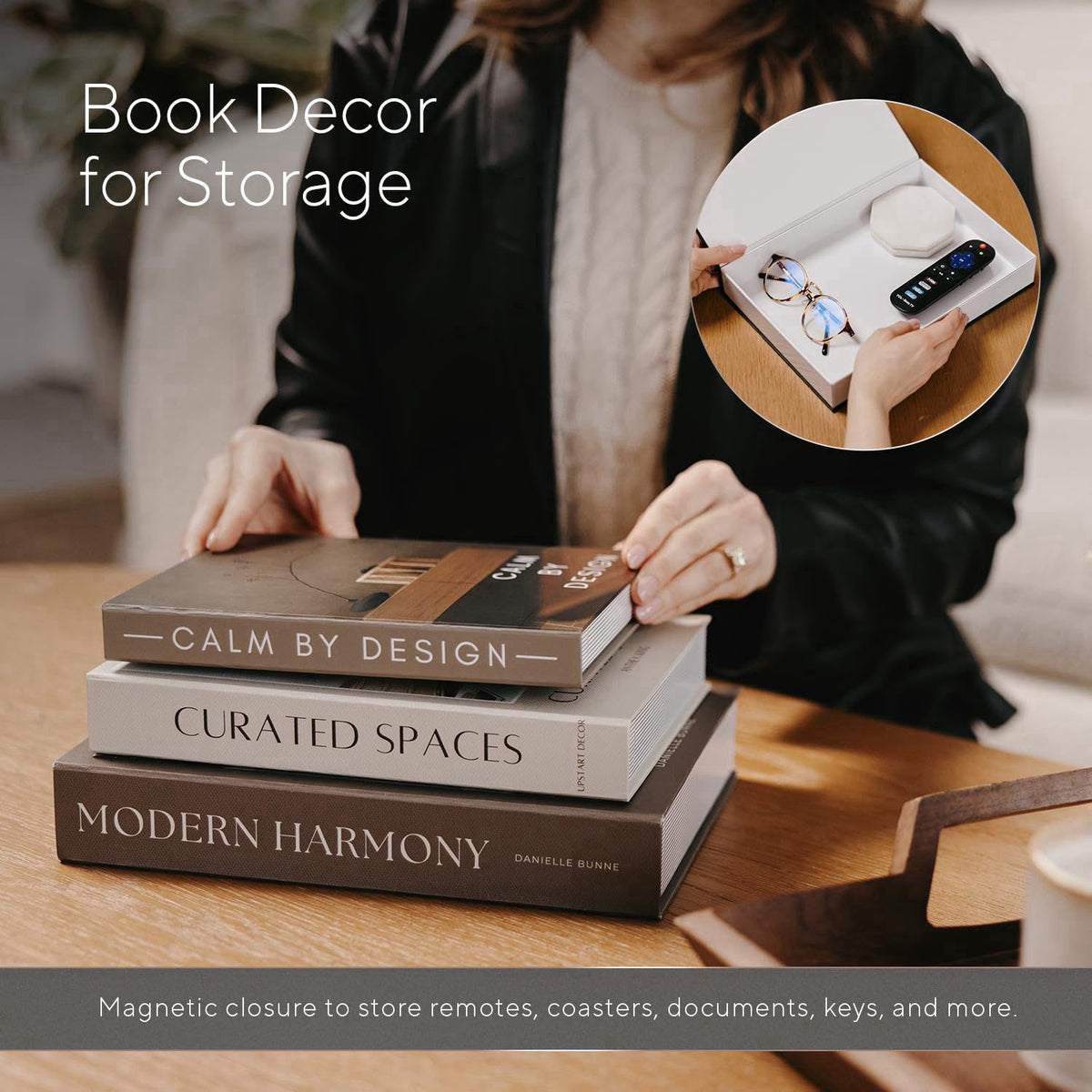 Upstart Decor Modern Decorative Books Set of 3, Brown & Cream Faux Books with Storage – full view