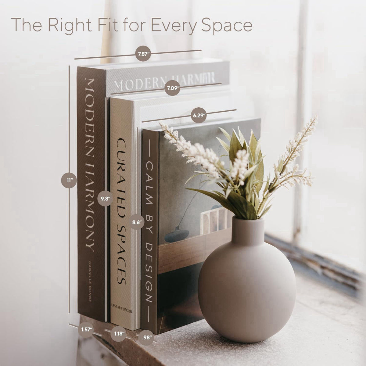Upstart Decor Modern Decorative Books Set of 3, Brown & Cream Faux Books with Storage – back view and specifications
