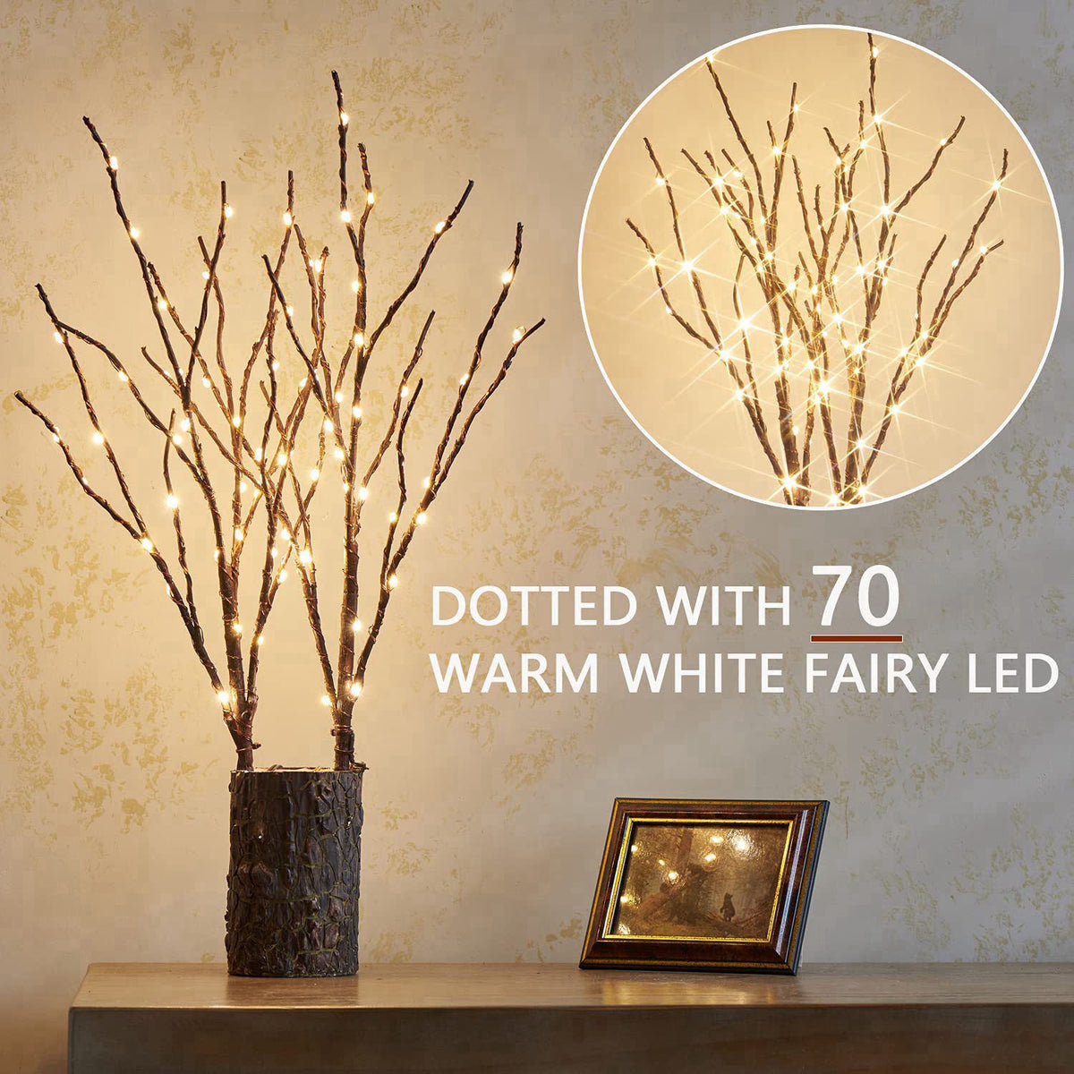 Fudios Lighted Branches with Timer 70 LED Fairy Lights 18in Battery Operated, Willow Branches with Lights for Vase Chris