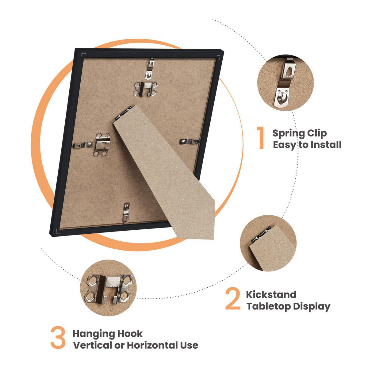 upsimples Picture Frames set of 19, Including 8x10, 5x7, 4x6 Black Frame – back view and specifications