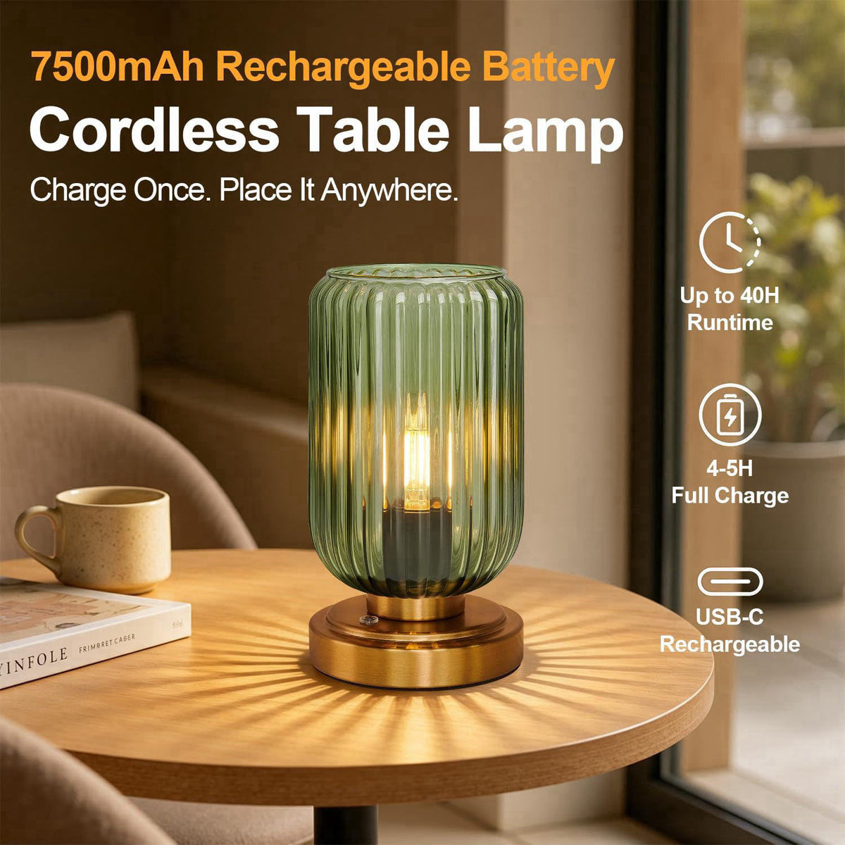LightRound Cordless Table Lamp for Bedroom, Touch Stepless Dimmable – close-up detail in Green