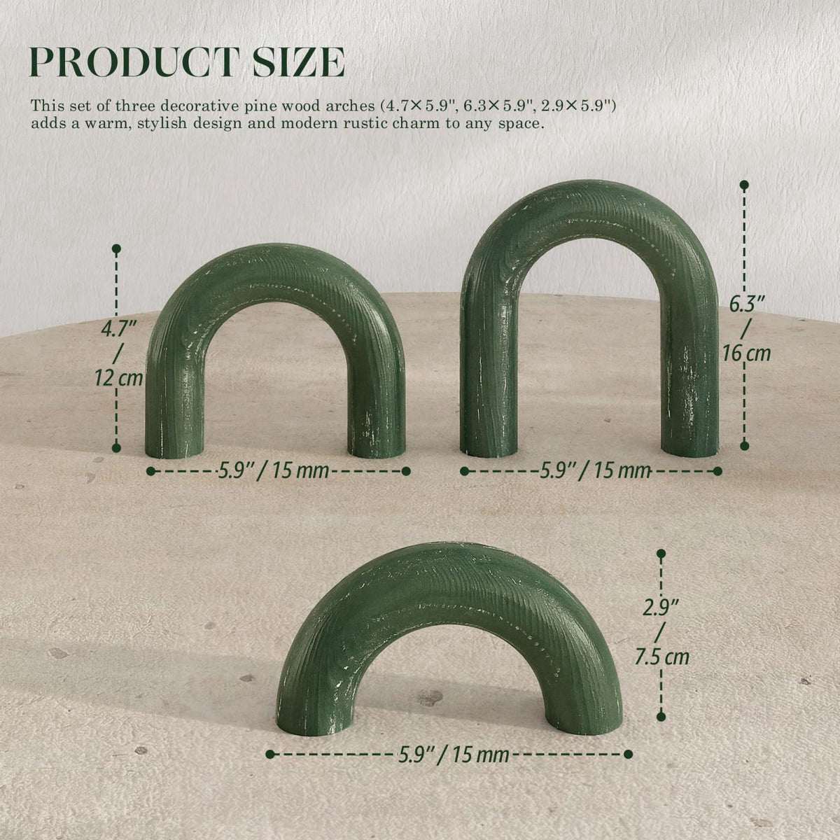 EOSAHR Pine Wood Arch Decor Set: Wood Sculpture for Book Shelf Decor, Green – close-up detail in Green