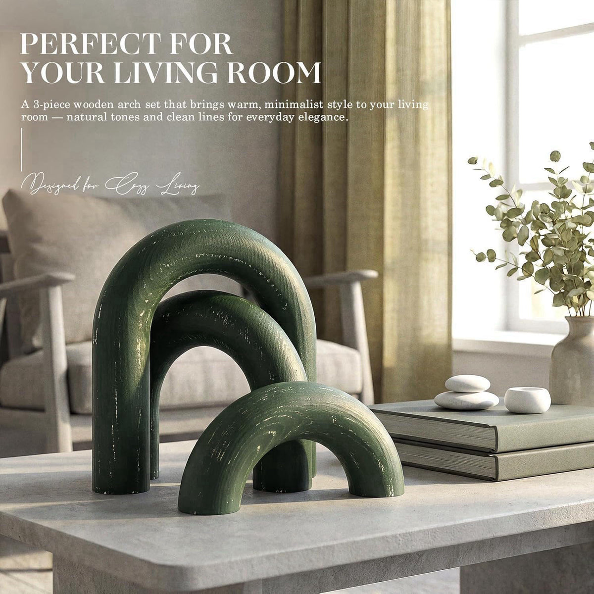 EOSAHR Pine Wood Arch Decor Set: Wood Sculpture for Book Shelf Decor, Green – full view, size Large (5.7x6.6 inches)
