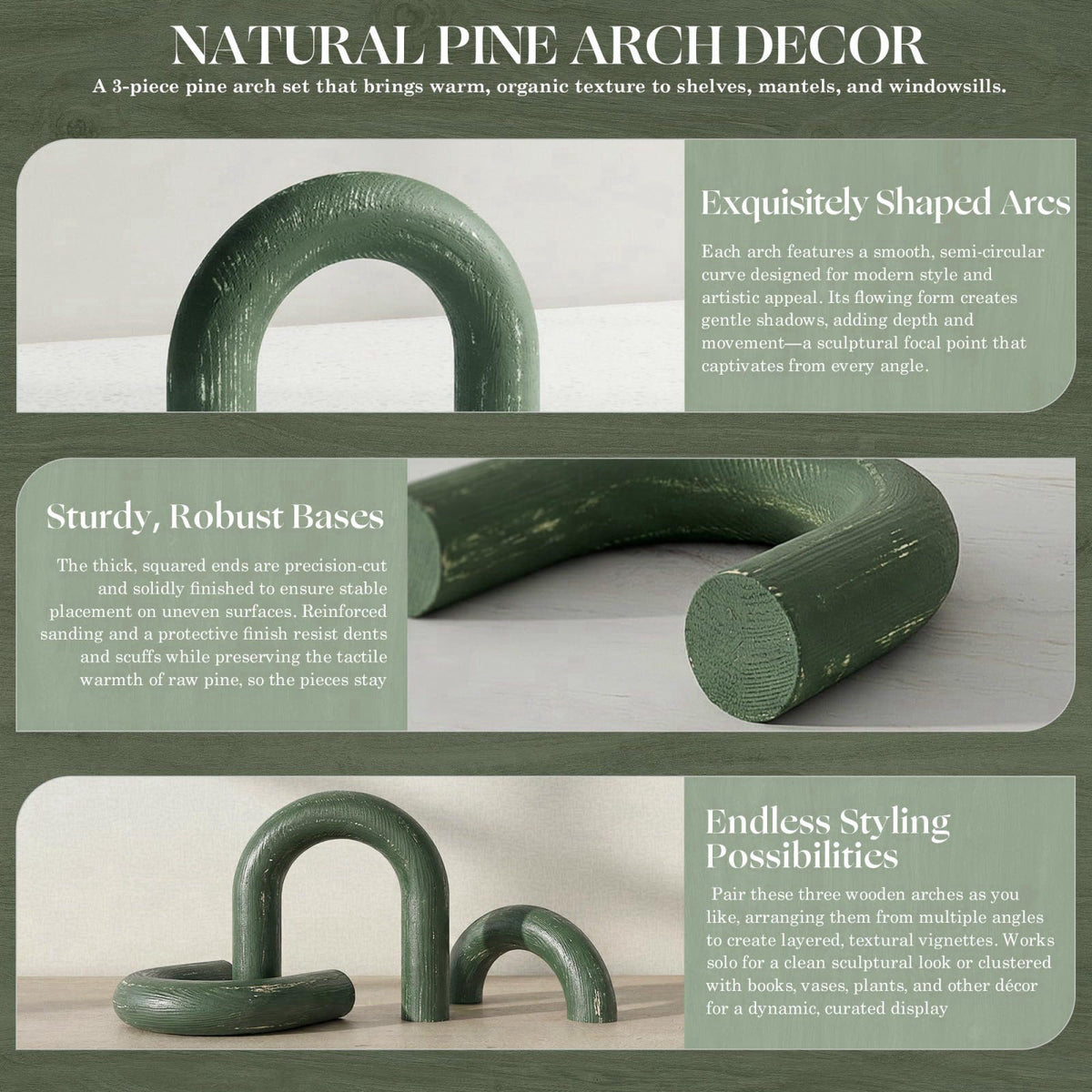 EOSAHR Pine Wood Arch Decor Set: Wood Sculpture for Book Shelf Decor, Green – back view and specifications