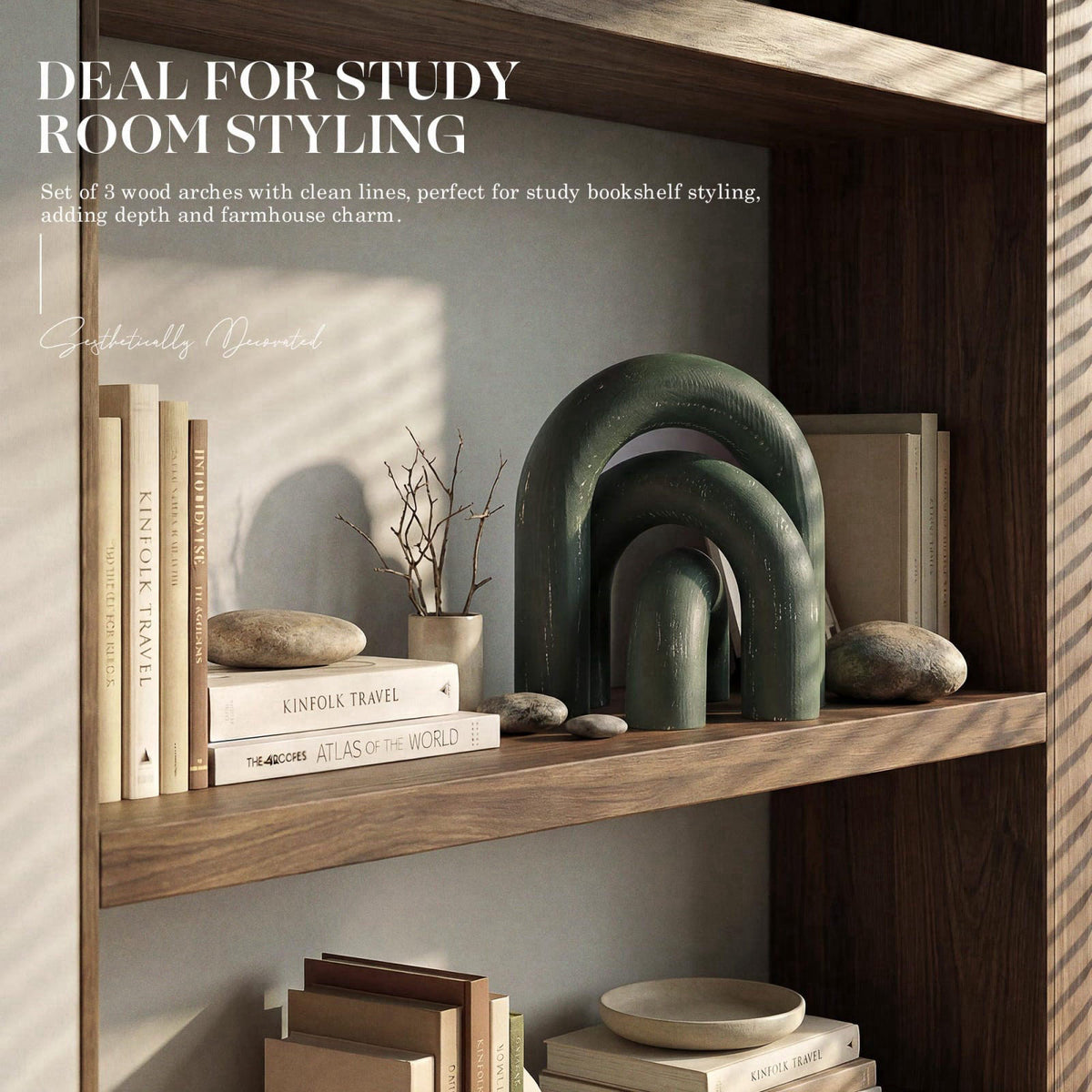 EOSAHR Pine Wood Arch Decor Set: Wood Sculpture for Book Shelf Decor, Green – alternate angle