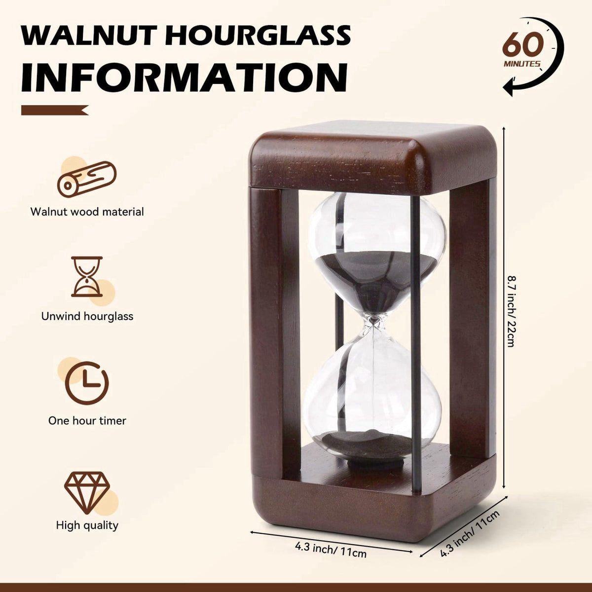 bvkotent Hourglass Timer 60 Minute,Large Premium Walnut Sand Timer,Decor for Home, Desk,Office, Wedding Decor (Black) – 