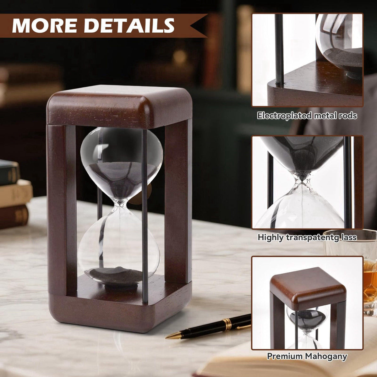 bvkotent Hourglass Timer 60 Minute,Large Premium Walnut Sand Timer,Decor for Home, Desk,Office, Wedding Decor (Black) – 
