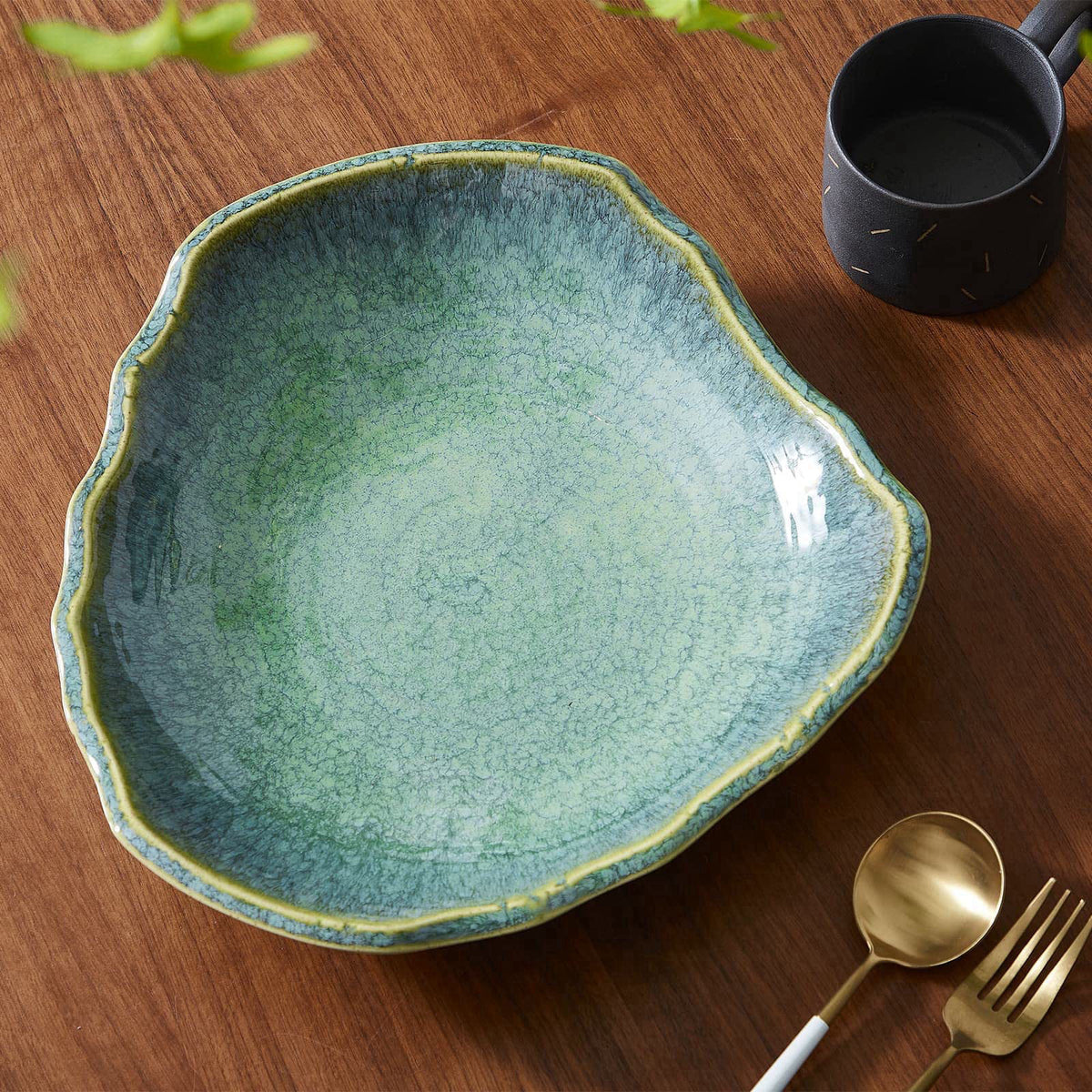 VOMANA Large Ceramic Decorative Bowl, 12" Dish, Green Reactive Glaze – close-up detail in Green BLue Green BLue Snow