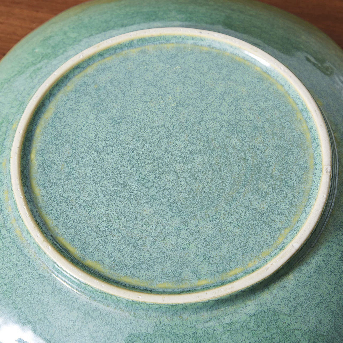 VOMANA Large Ceramic Decorative Bowl, 12" Dish, Green Reactive Glaze – back view and specifications